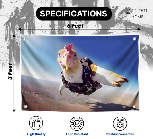3x5 Feet Funny Polyester Flag with Flying Chicken with Four Brass Grommets - Meme Banner One Chicken Learned to Fly - Flag Who Says Chickens Can't