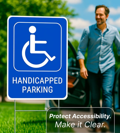 Set of 3 Double Sided 12x8 Inches Handicapped Parking with Metal Wire H-Stakes - Plastic Reserved Parking Signs for Handicapped Only