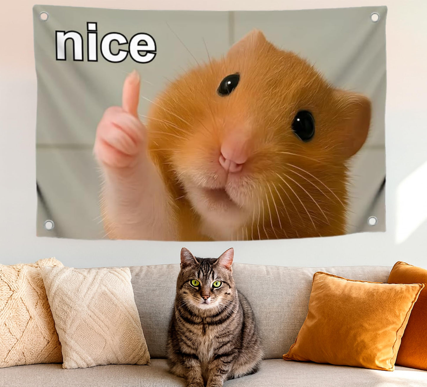 3x5 Feet Funny Flag Picture of Hamster with Inscription "Nice" Four Brass Grommets - Single Sided Cool Banner for Room - Funny Polyester Tapestry