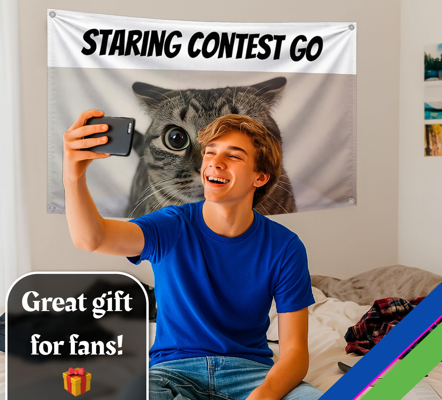 3x5 Feet Cats Meme Flag with Quote "Staring Contest Go" with Four Brass Grommets - Single Sided Funny Banner for Wall Bedroom Decoration