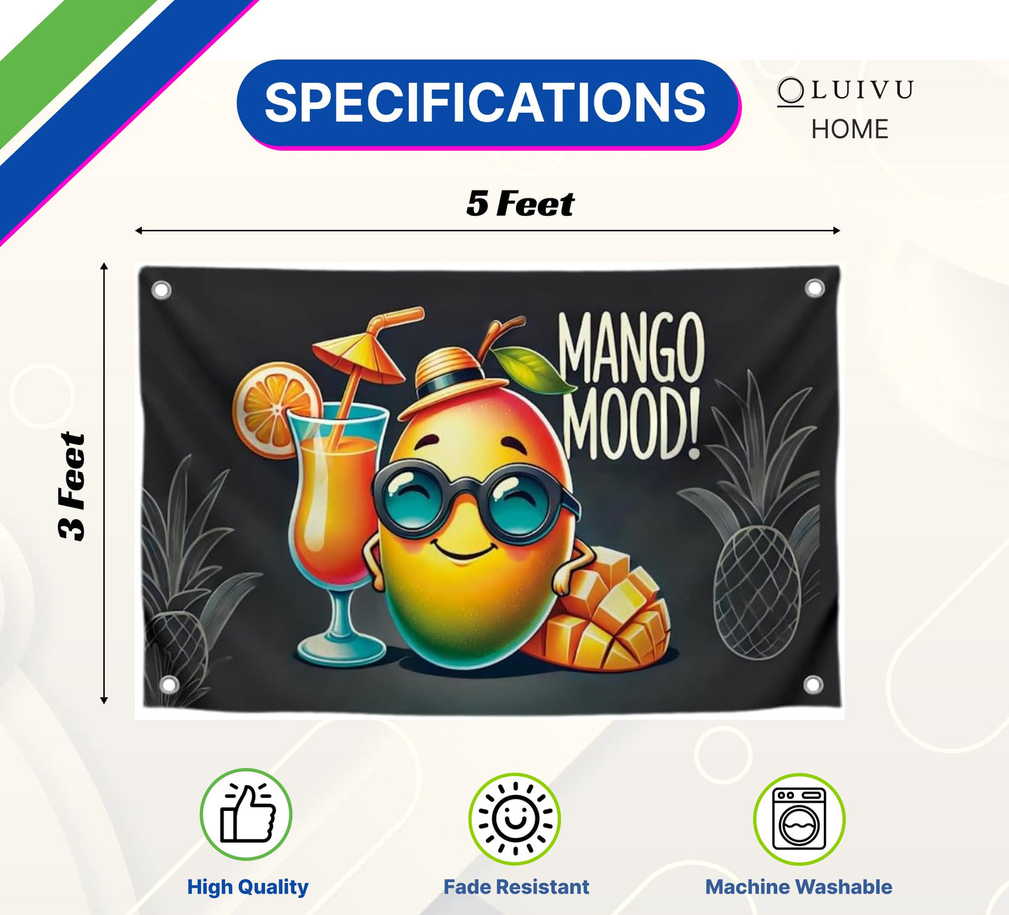 3x5 Feet Single Sided Flag with 4 Brass Grommets - Tropical Mango Mood Polyester Flags with Cocktail - Cool Bannner for Summer Party