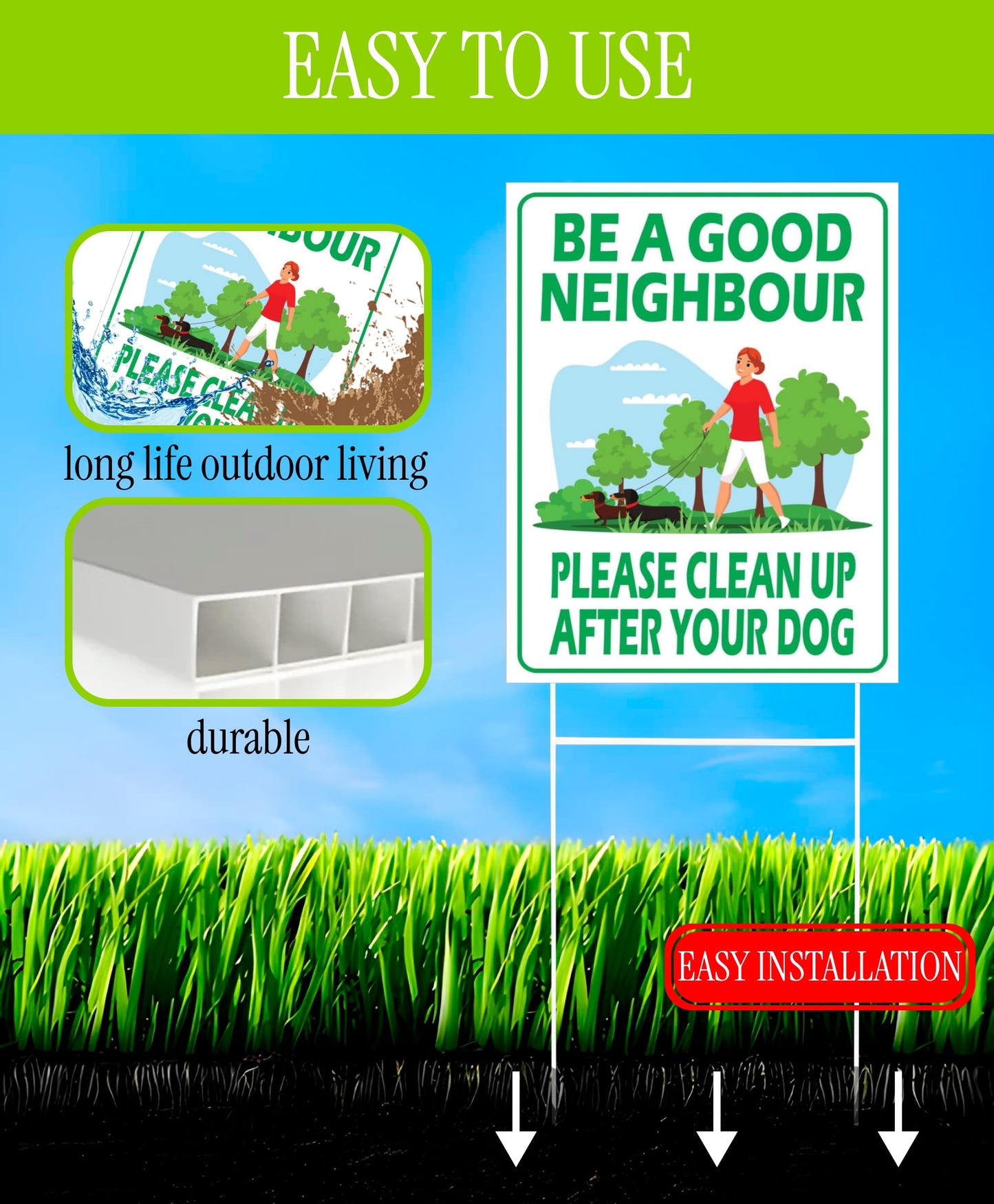 12х8 inch 3X Plastic Sign Clean Up After Your Dog with Metal Wire H-Stakes - Be a Good Neighbor Double Sided Signs Clean Up After Your Pet