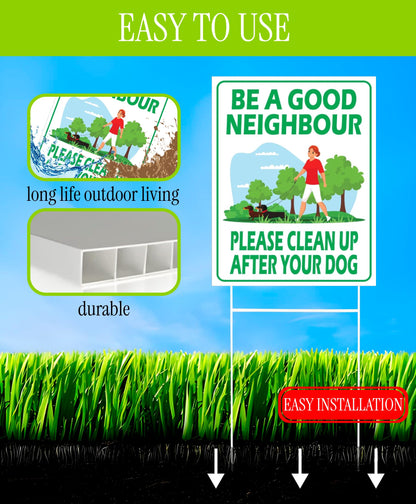 12х8 inch 3X Plastic Sign Clean Up After Your Dog with Metal Wire H-Stakes - Be a Good Neighbor Double Sided Signs Clean Up After Your Pet