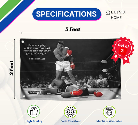 3X Motiv Sports Quote Polyester Flags 3x5 Ft with 4 Grommets - Rocky Inspirational Wall Single Sided Flag - Muhammad Motivation Quote Flags