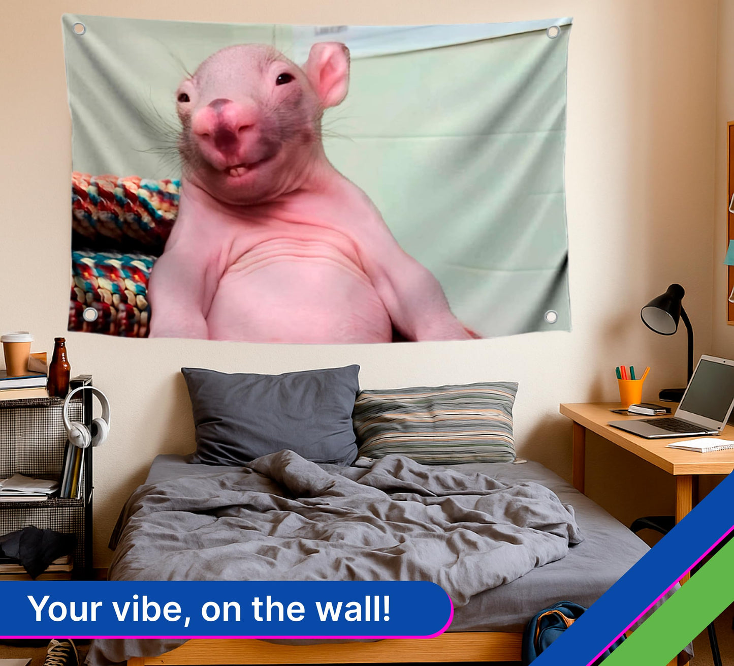 3x5 Feet Bald Rat Meme Single Sided Flag with Four Brass Grommets - Funny Flag for College Party Indoor and Outdoor Decoration