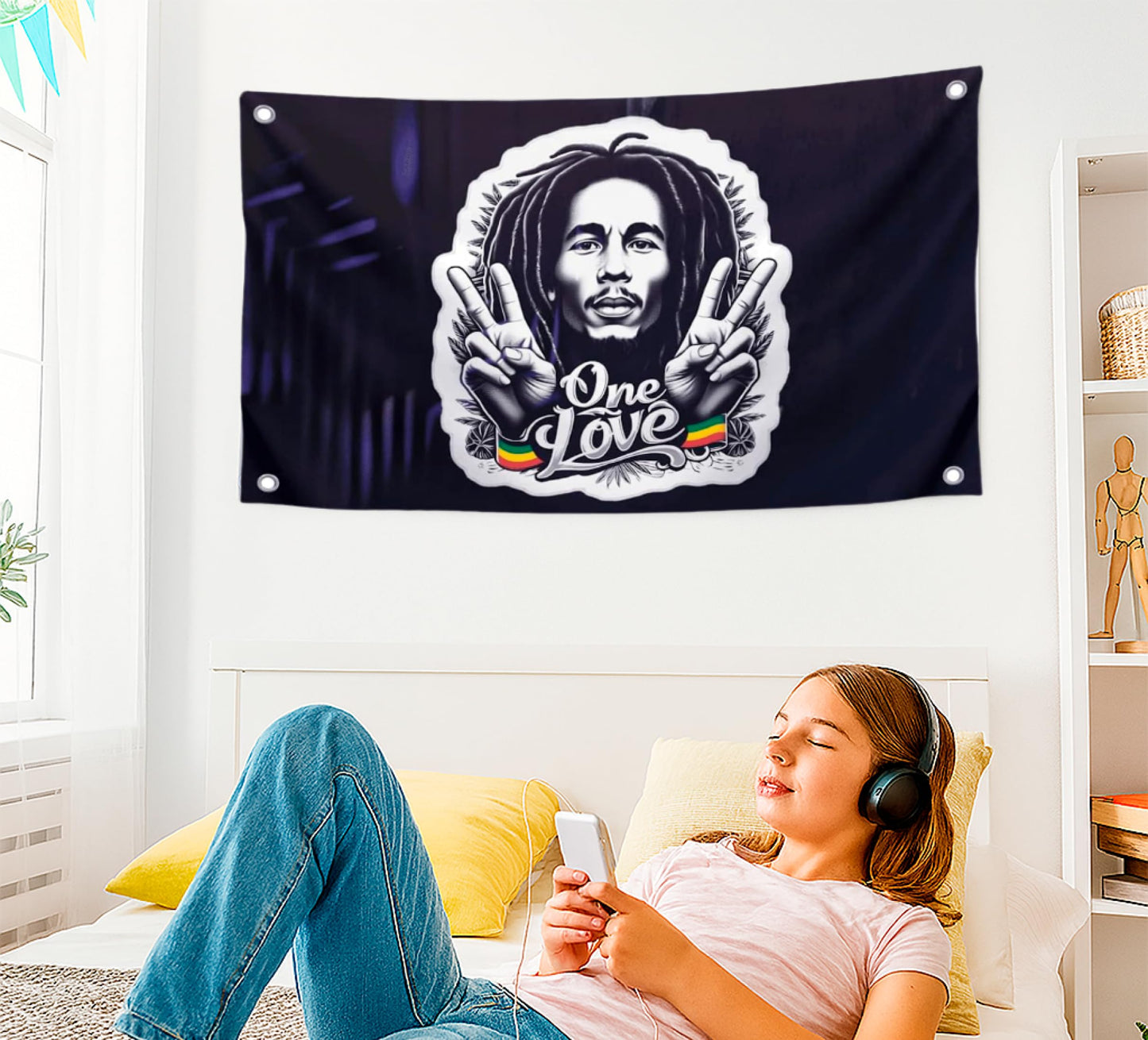 3x5 Feet Marley Wall Hanging Tapestry Flag with One Love with Four Brass Grommets - Aesthetic Rasta Stoners Tapastry - Hippie Decorations Posters