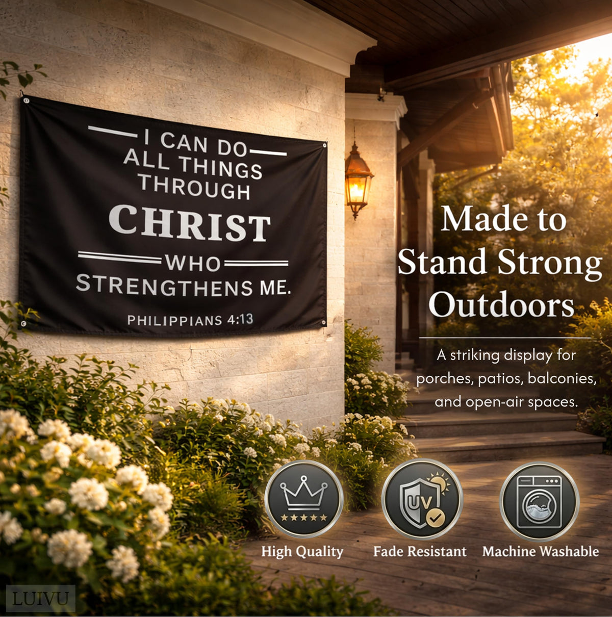 3x5 ft Christian Bible Verse Flag – Philippians 4:13, Black Polyester Wall Banner with 4 Grommets
