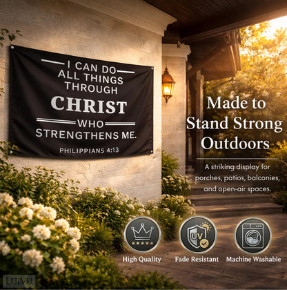 3x5 ft Christian Bible Verse Flag – Philippians 4:13, Black Polyester Wall Banner with 4 Grommets