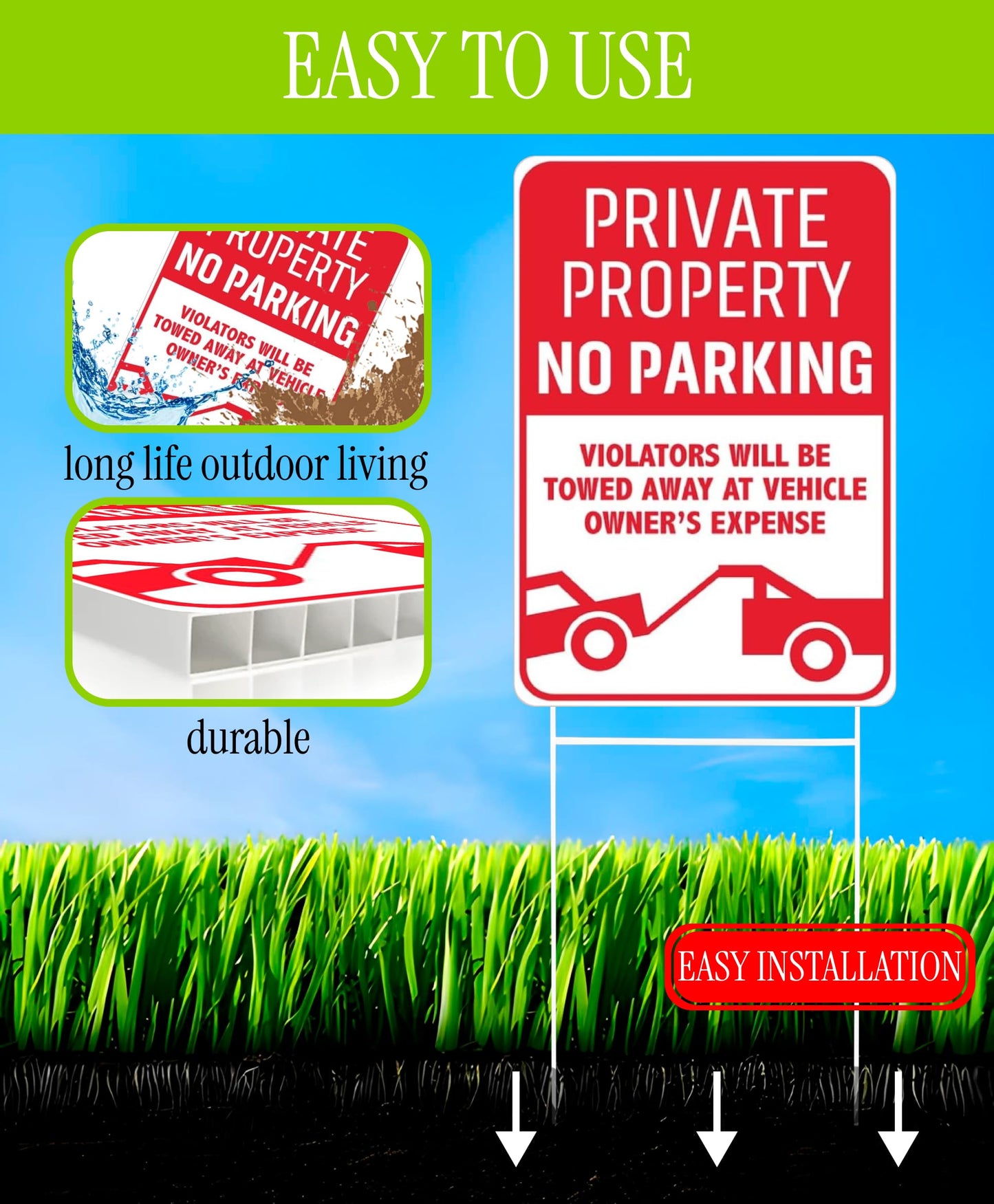 3X Private Property No Parking Plastic Sign with H-Stakes - 12x8 Inch No Parking Signs for Business - Stay Off Grass Double Sided Signs for Yard