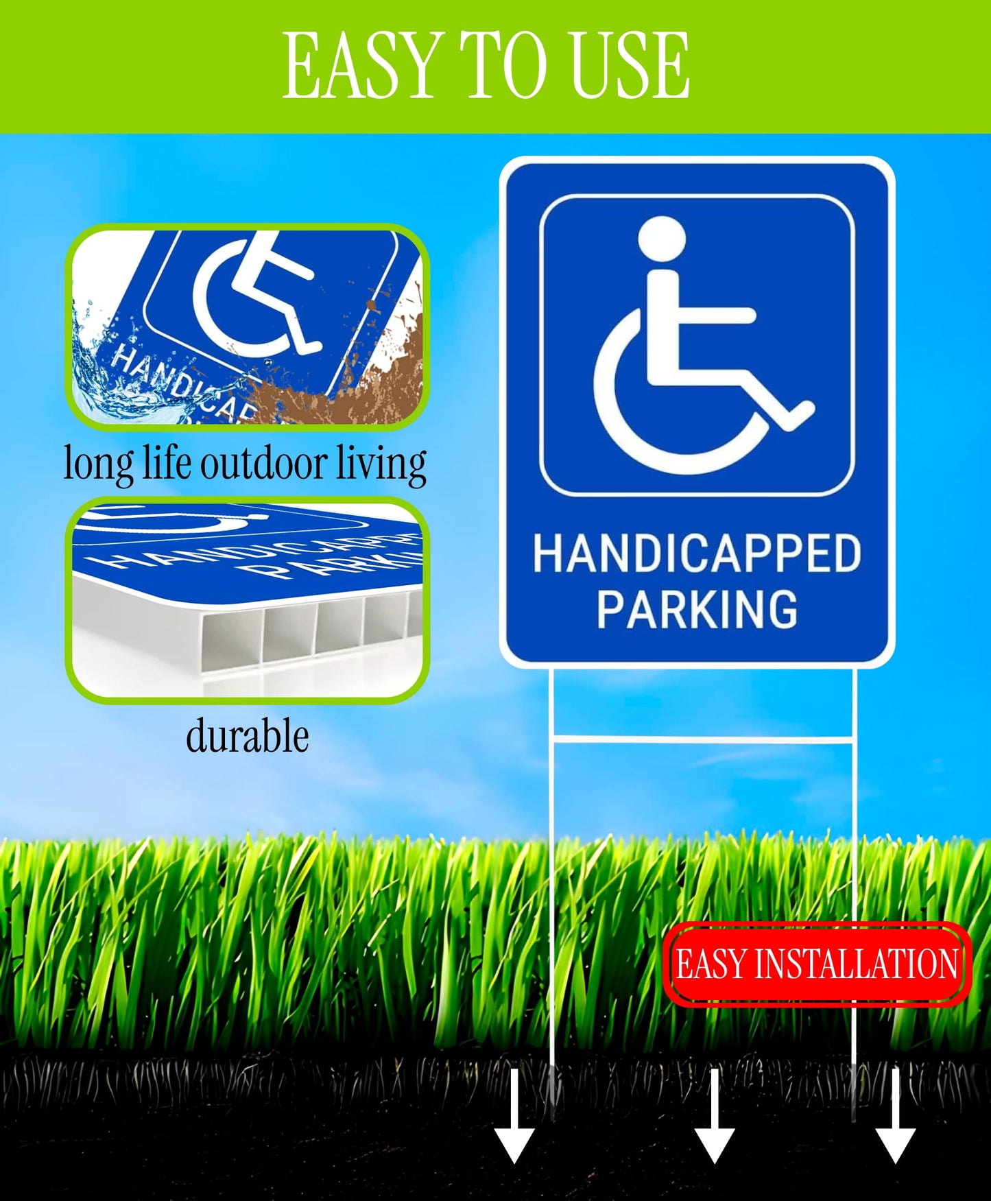 Set of 3 Handicapped Parking Sign with Metal Wire H-Stakes - Double Sided Plastic Reserved Parking Signs.12x16 Inches Yard for Handicapped Only Signs