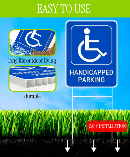 Set of 3 Handicapped Parking Sign with Metal Wire H-Stakes - Double Sided Plastic Reserved Parking Signs.12x16 Inches Yard for Handicapped Only Signs