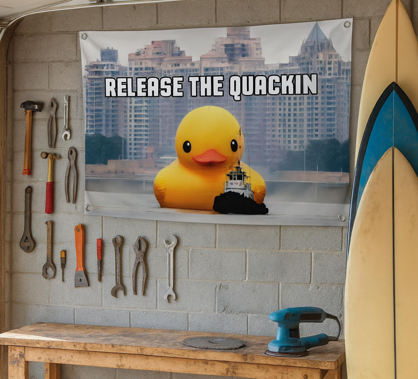 3x5 Feet Meme Flag with Quote "Release The Quackin" with Four Brass Grommets - Polyester Funny Flag with Duck on The Water