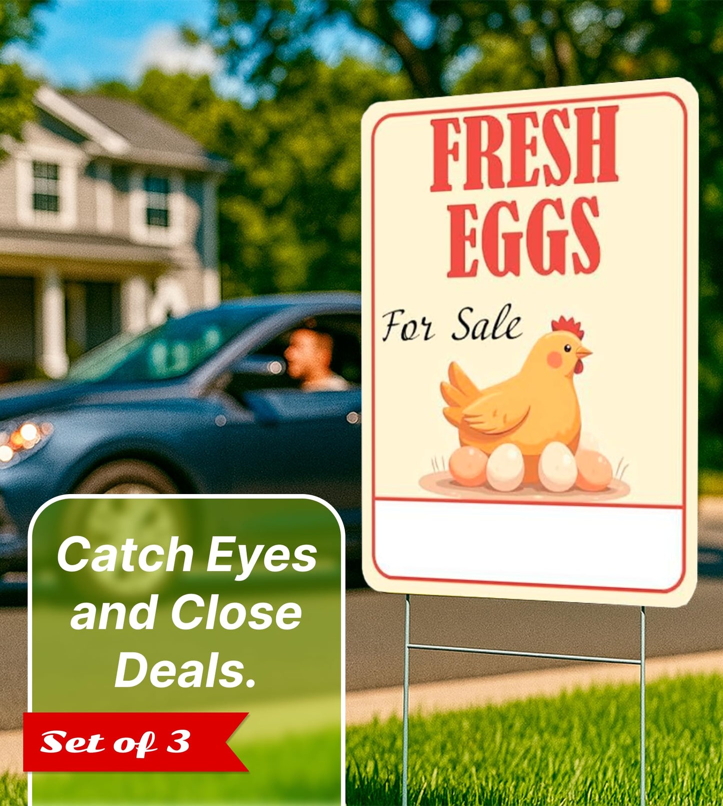 3X Double Sided 12x16 Inches Fresh Eggs For Sale Plastic Sign with Metal H-Stakes for Outdoor and Indoor