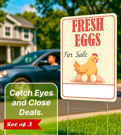 3X Double Sided 12x16 Inches Fresh Eggs For Sale Plastic Sign with Metal H-Stakes for Outdoor and Indoor