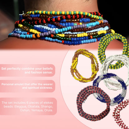 ULVEOL Set of 6 Collares De Santeria - Obatala, Shango, Elegua, Oshun, Yemaya, Orula Ifa - Six Santeria Beaded Necklaces Elekes