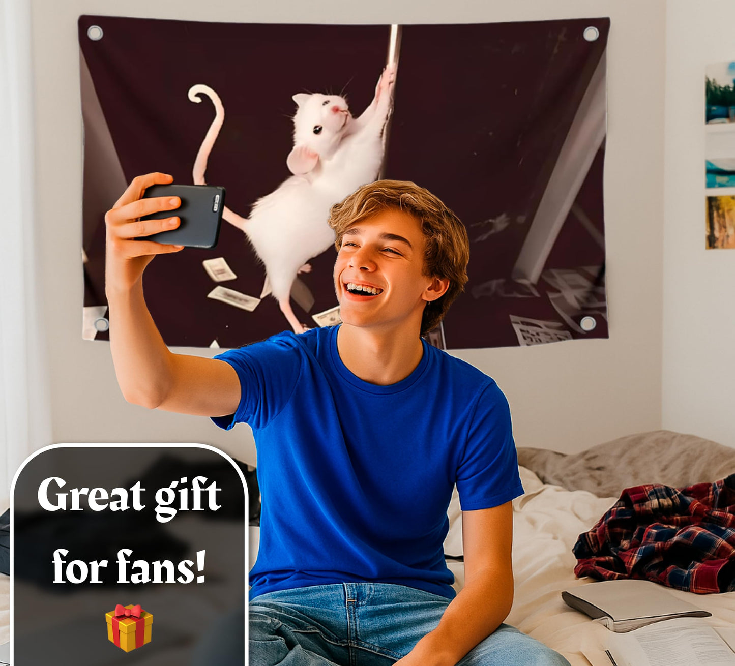 3x5 Feet Funny Flag Picture of Mouse Meme - Four Brass Grommets - Single Sided Cool Banner for Room - Funny Polyester Bright Tapestry for Bedroom Guys