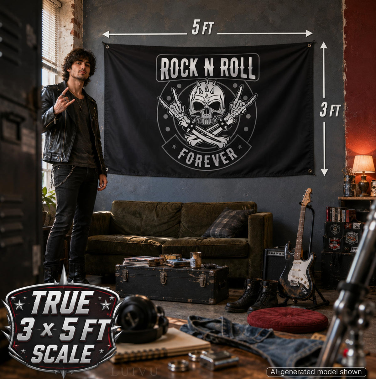 3x5 ft Rock N Roll Forever Skull Flag – Music Man Cave Banner