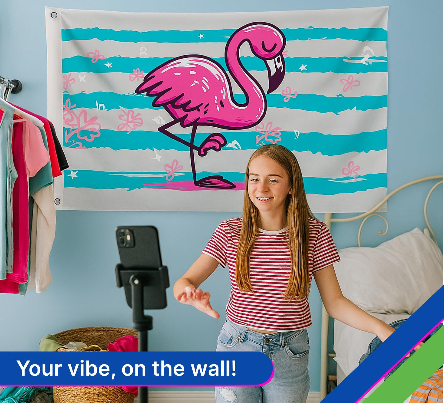 3x5 Feet Pink Flamingo Flag with 2 Brass Grommets - Single Sided Banner Tropical Bird Flower Stripe Flags - Big Flag Outdoor Indoor