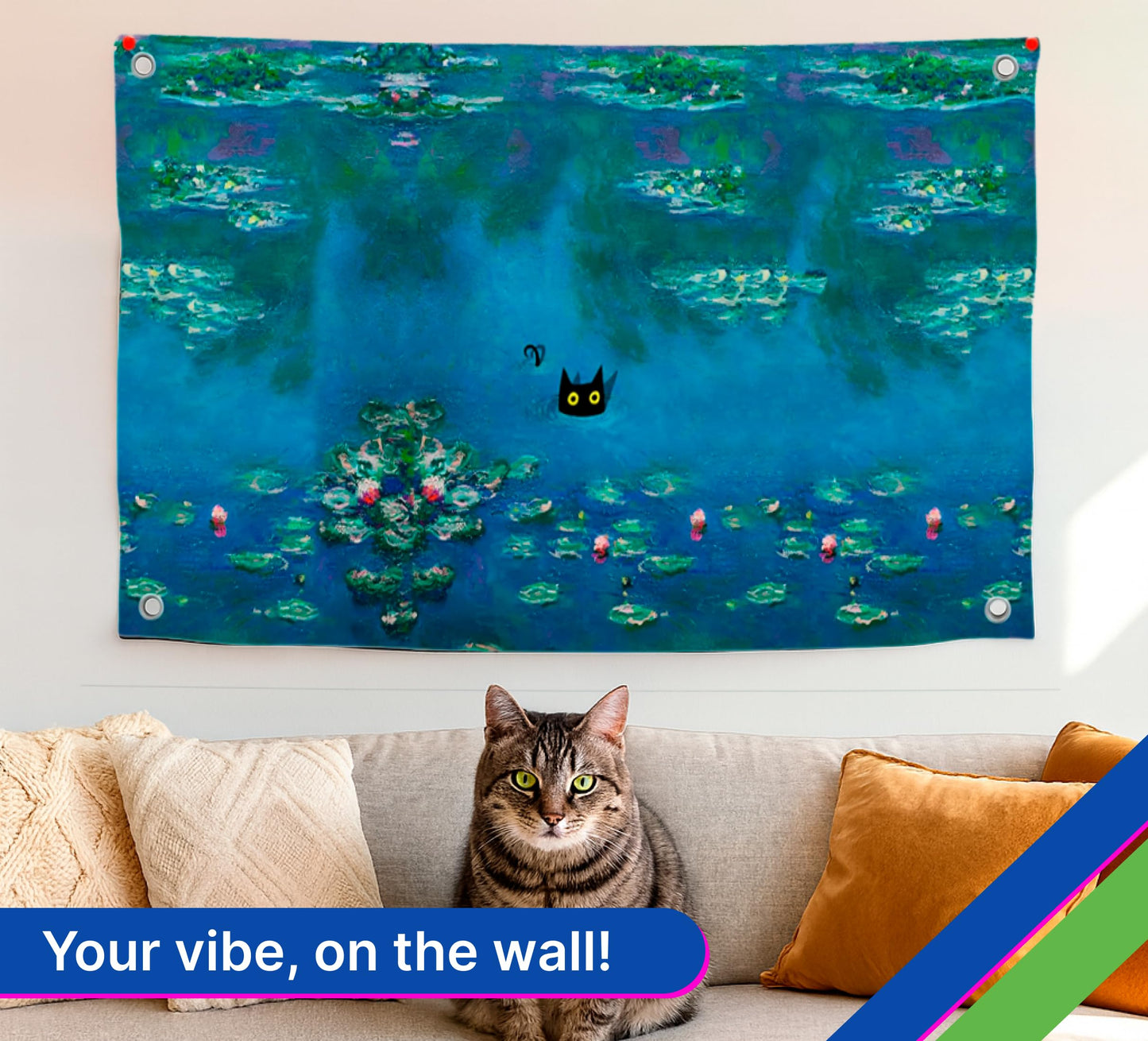 3x5 Ft Funny Water Lillies Black Cat Single Sided Flag with 4 Grommets - Tapestry Cat Floral Banner Abstract Farmhouse Gallery or Aesthetic Room Decor