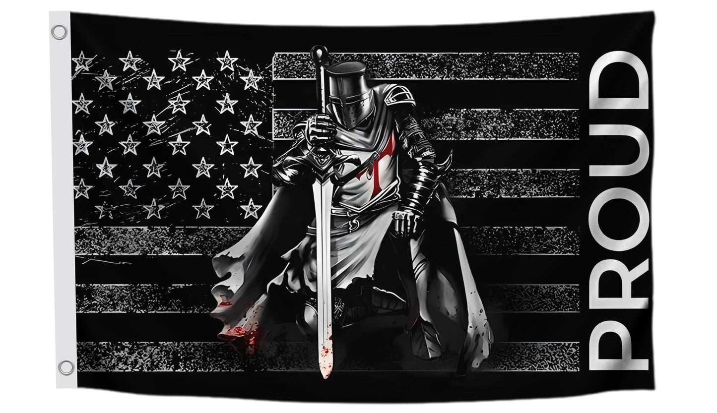 3x5 Ft American Flag With Templar Knights Polyester Flag with 2 Grommets - Proud Knight Decorations USA House or Home Wall Single Sided Flags