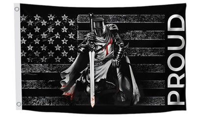 3x5 Ft American Flag With Templar Knights Polyester Flag with 2 Grommets - Proud Knight Decorations USA House or Home Wall Single Sided Flags