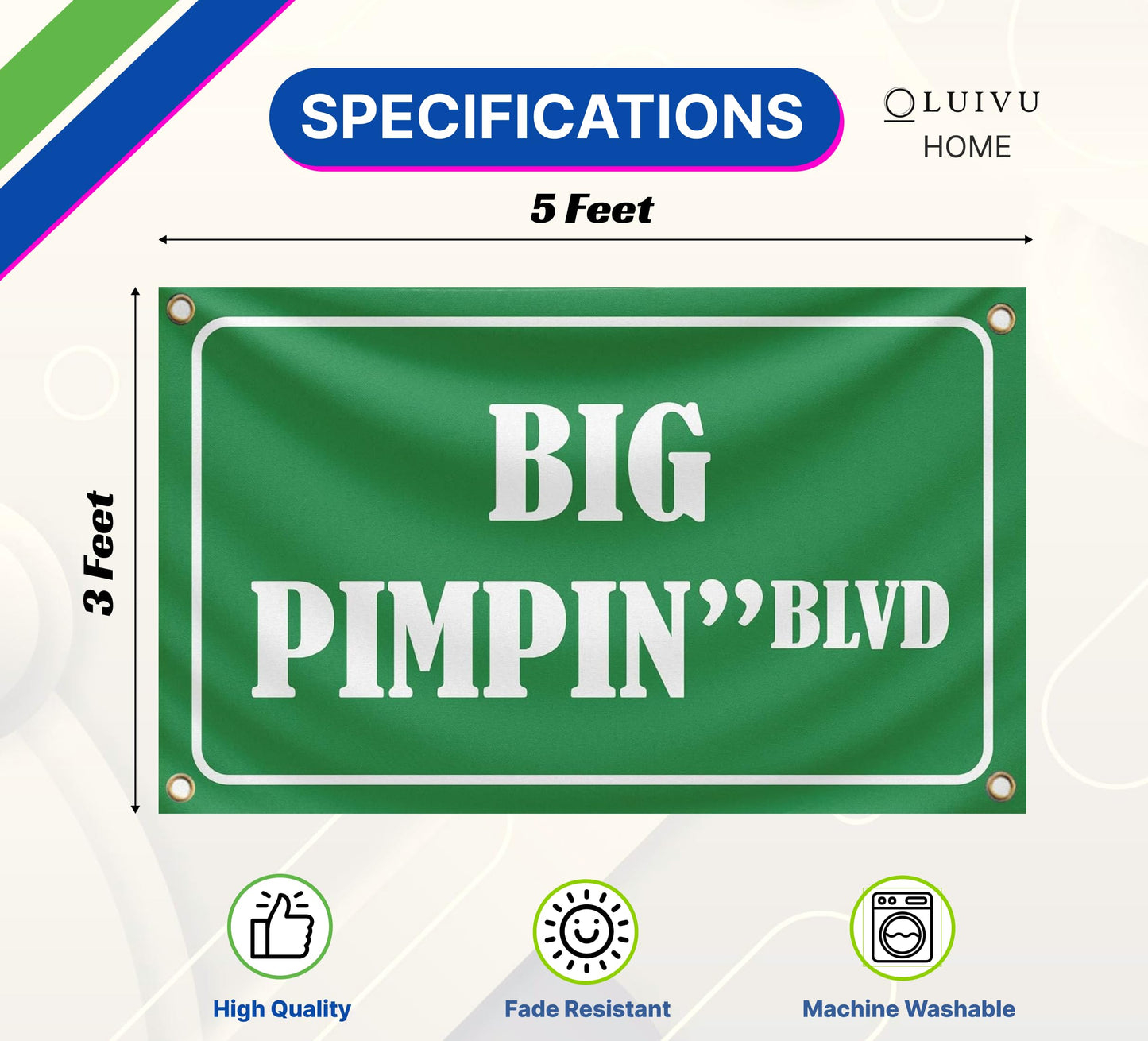 3x5 Feet Big Pimpin'Blvd Funny Quote Single Sided Flag with Four Brass Grommets - Funny Flags Tapestries Polyester Banner for College Dorm