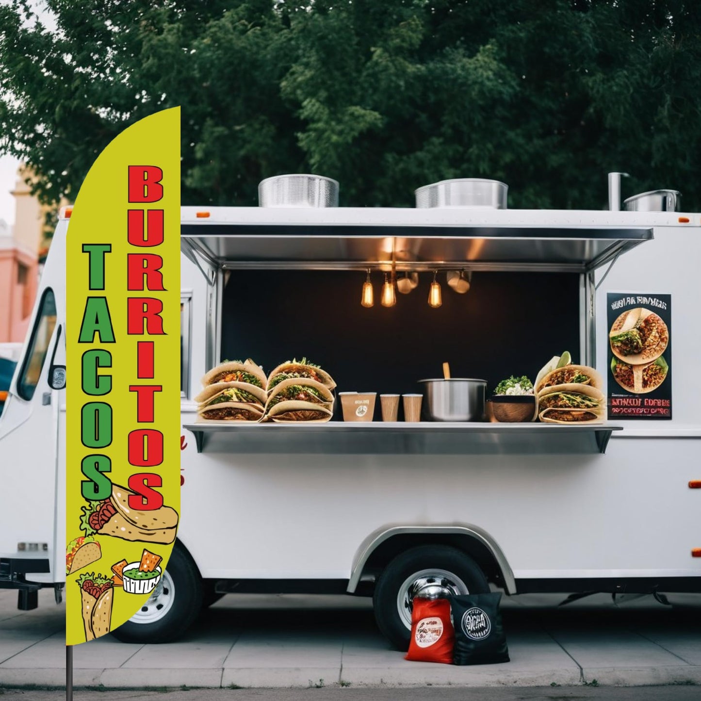 12x2.5 Feet Tall Feather Flags "Tacos and Burritos" - Outdoor Business Advertising Tall Flag - Single Sided Feathers Banners Food Themed