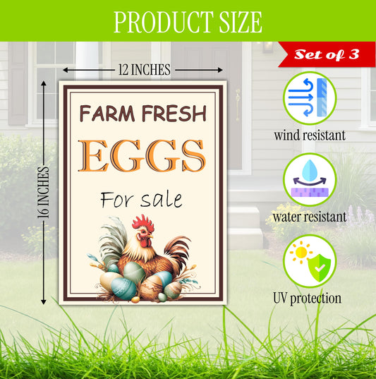 Set of 3 Double Sided 12x16 Inches Farm Fresh Eggs For Sale Sign with Metal H-Stakes - Plastic Farm Fresh Eggs Sold Here Yard Sign