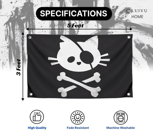 3x5 Feet Pirate Cat Skull and Crossbone Home Polyester Flags with 4 Brass Grommets - Decorative Home Fall Single Sided Flags for Infoor or Outdoor