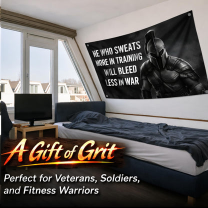 3x5 Ft Motivational Polyester Flag He Who Sweats More In Training Will Bleed Less In War with 4 Grommets - Improvement Wall Decor for Home or Gym
