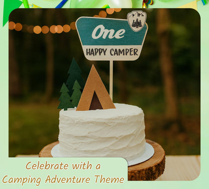 4.8x6.1 Inch Cake Topper For One Happy Camper - One Happy Camper Birthday Decorations. Camping Party Wooden Cake Toppers or Wedding Anniversary Rravel