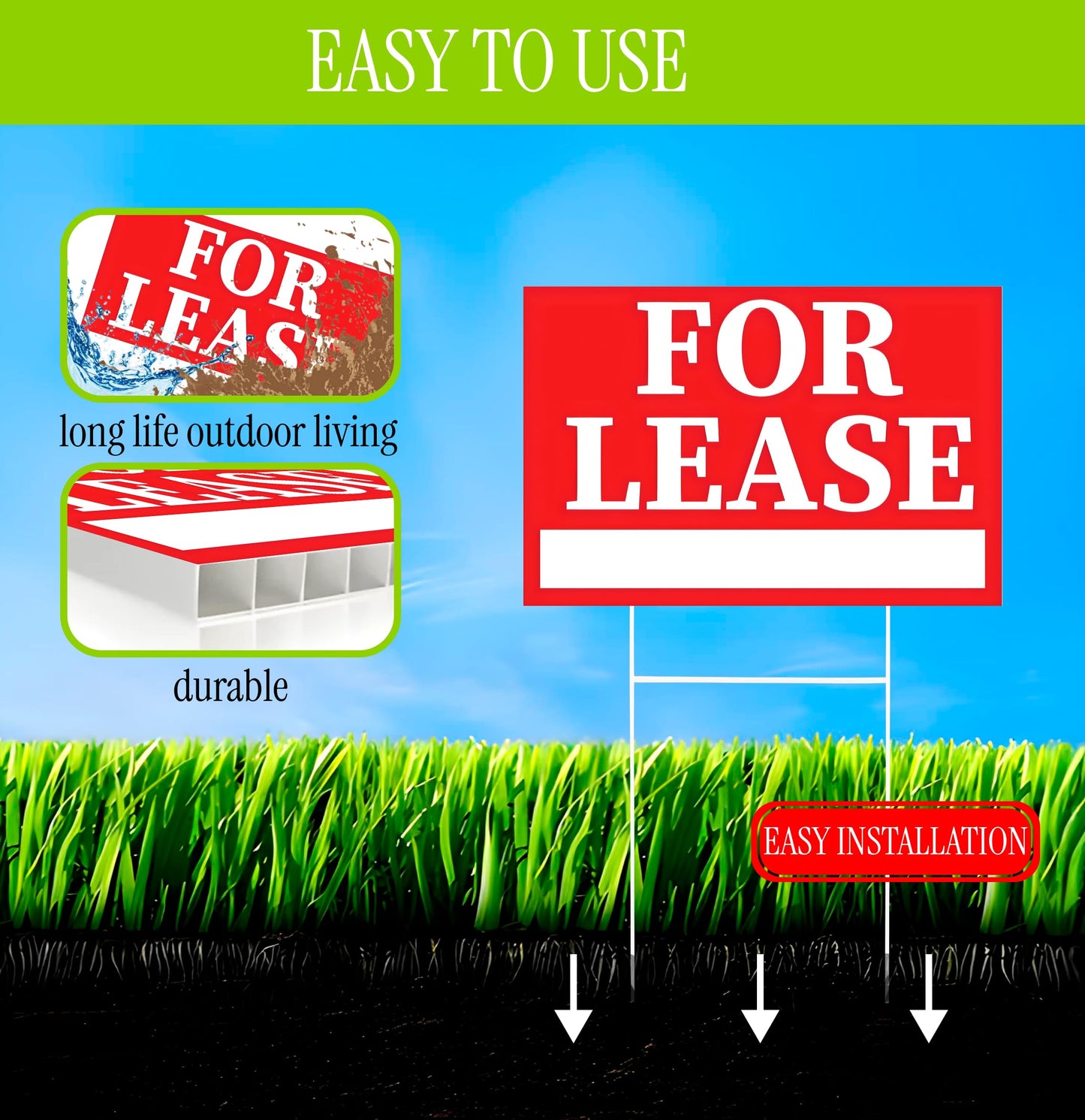 Pack of 3 Double sided Corrugated Plastic Red White for Lease Sign with H Stake 12" x 8" inch - Tall Stands for Outdoor House Business Supplies
