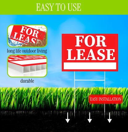 Pack of 3 Double sided Corrugated Plastic Red White for Lease Sign with H Stake 12" x 8" inch - Tall Stands for Outdoor House Business Supplies
