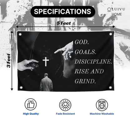 3x5 Feet Bible Verses Polyester Flag God. Goals. Discipline Rise and Grind with Four Brass Grommets - God's Discipline Flags for Wall Decoration
