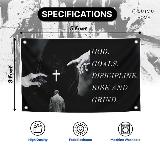 3x5 Feet Bible Verses Polyester Flag God. Goals. Discipline Rise and Grind with Four Brass Grommets - God's Discipline Flags for Wall Decoration