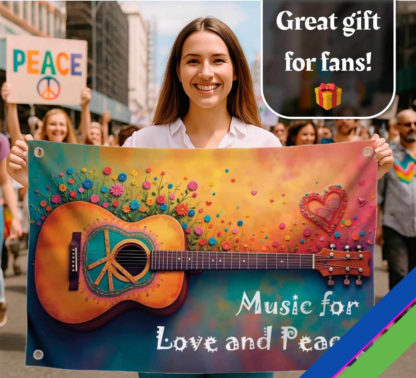 3x5 Ft Guitar Single Sided Flag "Music for Love and Peace" with 4 Brass Grommets - Musical Polyester Banner with Flower and Heart for Wall Decoration