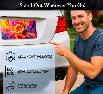 6x12.25 Inch Front Bright Sunflower in Water License for US Standard Plate Frame - Car Frames Abstract Reflection Wave Floral with 4 Holes and Screws