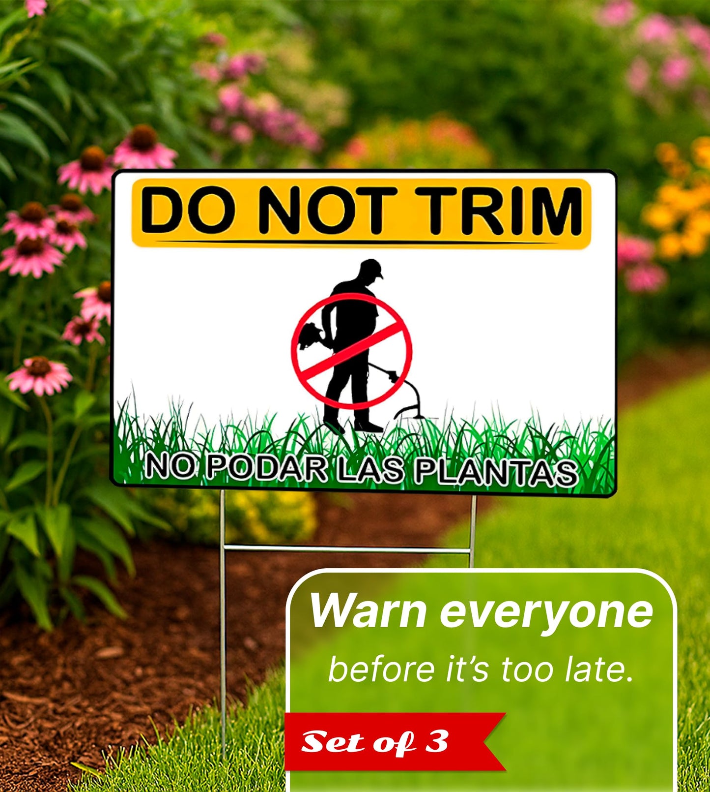Set of 3 Do Not Trim Yard Sign with Metal Stake 12x8 Inches - Double Sided No Podar Las Plantas sign for Outdoor or Indoor