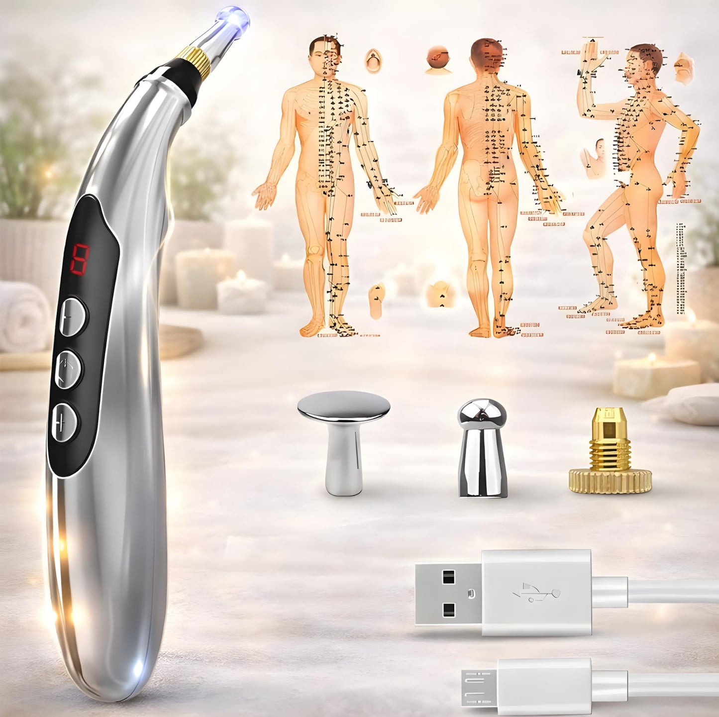 Acupuncture Pen Electronic.USB Rechargeable Pain Relief Electric - for Meridians Energy Pens Massager.Massage Tool with 3 Massage Heads, 2 Massage Gel