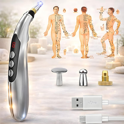 Acupuncture Pen Electronic.USB Rechargeable Pain Relief Electric - for Meridians Energy Pens Massager.Massage Tool with 3 Massage Heads, 2 Massage Gel
