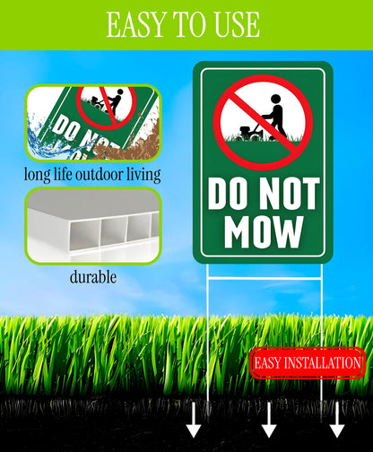Set of 3 Double Sided 12x8 Inches Do Not Mow Sign with Metal Stakes.Plastics Garden Mow Signs for Outdoor and Indoor.No Mowing Beyond This Point Sign