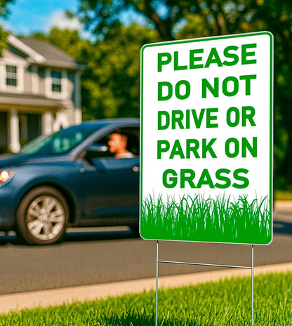 12х8 inch 3X Please Do Not Drive Or Park On Grass Double Sided Plastic Signs with Metal Wire H-Stakes