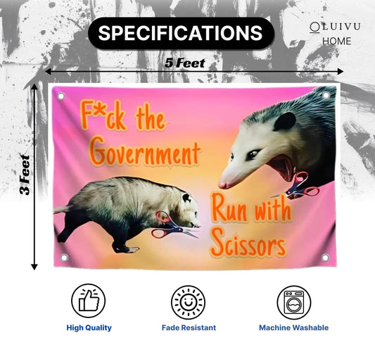 3x5 Ft Single Sided Polyester Flag with 4 Brass Grommets "F*ck The Government Run With Scissors" Meme Banner for College Dorm Boys