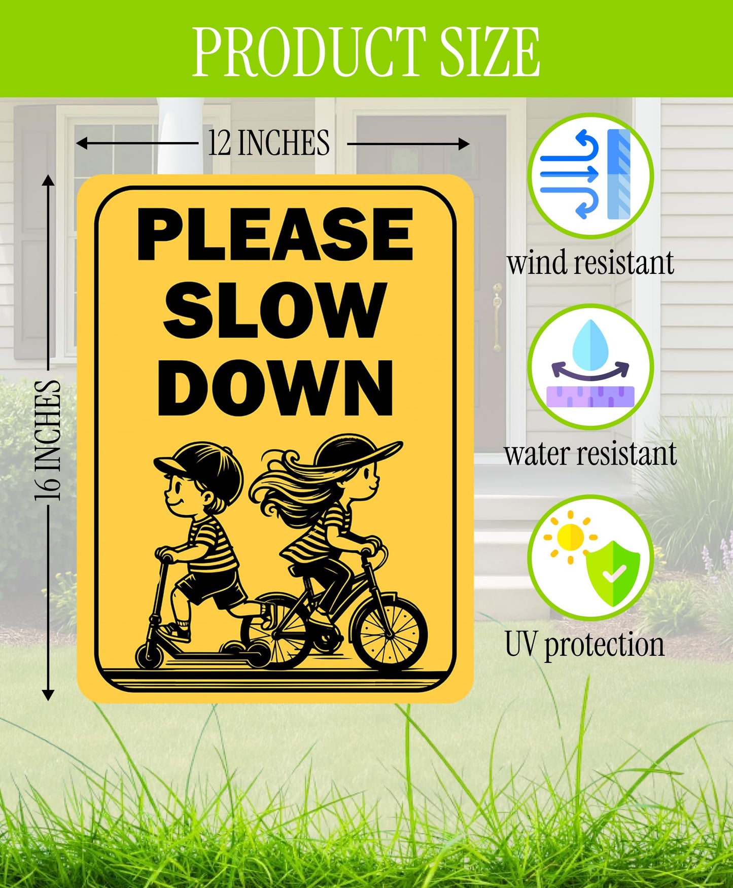 Set of 3 Double Sided 12x16 Inches "Please Slow Down" Sign with Metal H-Stakes - Сhildren at Play Safety Signage for Street
