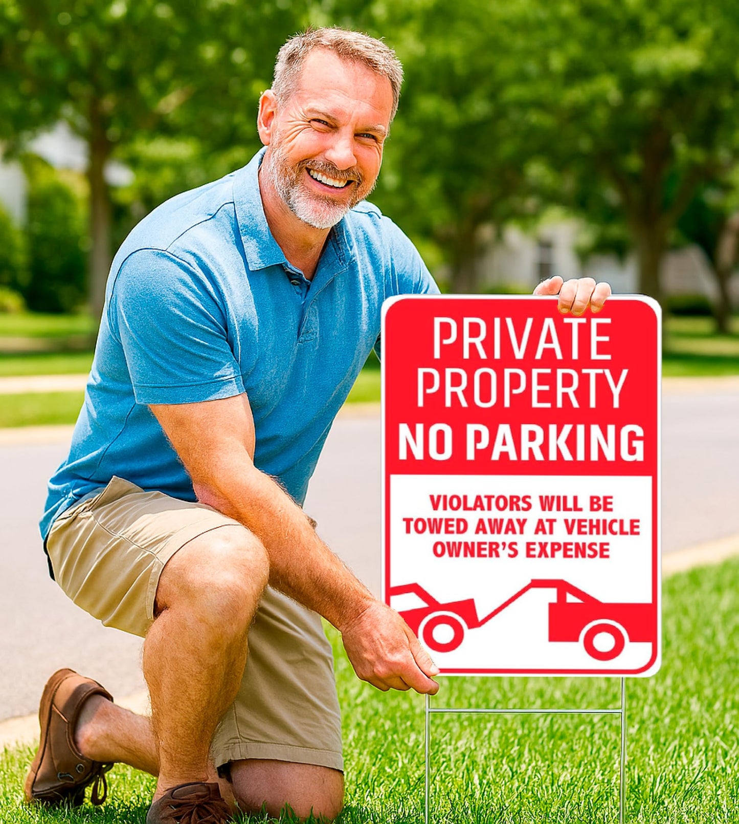 3X Private Property No Parking Plastic Sign with H-Stakes - 12x8 Inch No Parking Signs for Business - Stay Off Grass Double Sided Signs for Yard