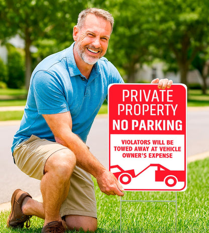 3X Private Property No Parking Plastic Sign with H-Stakes - 12x8 Inch No Parking Signs for Business - Stay Off Grass Double Sided Signs for Yard