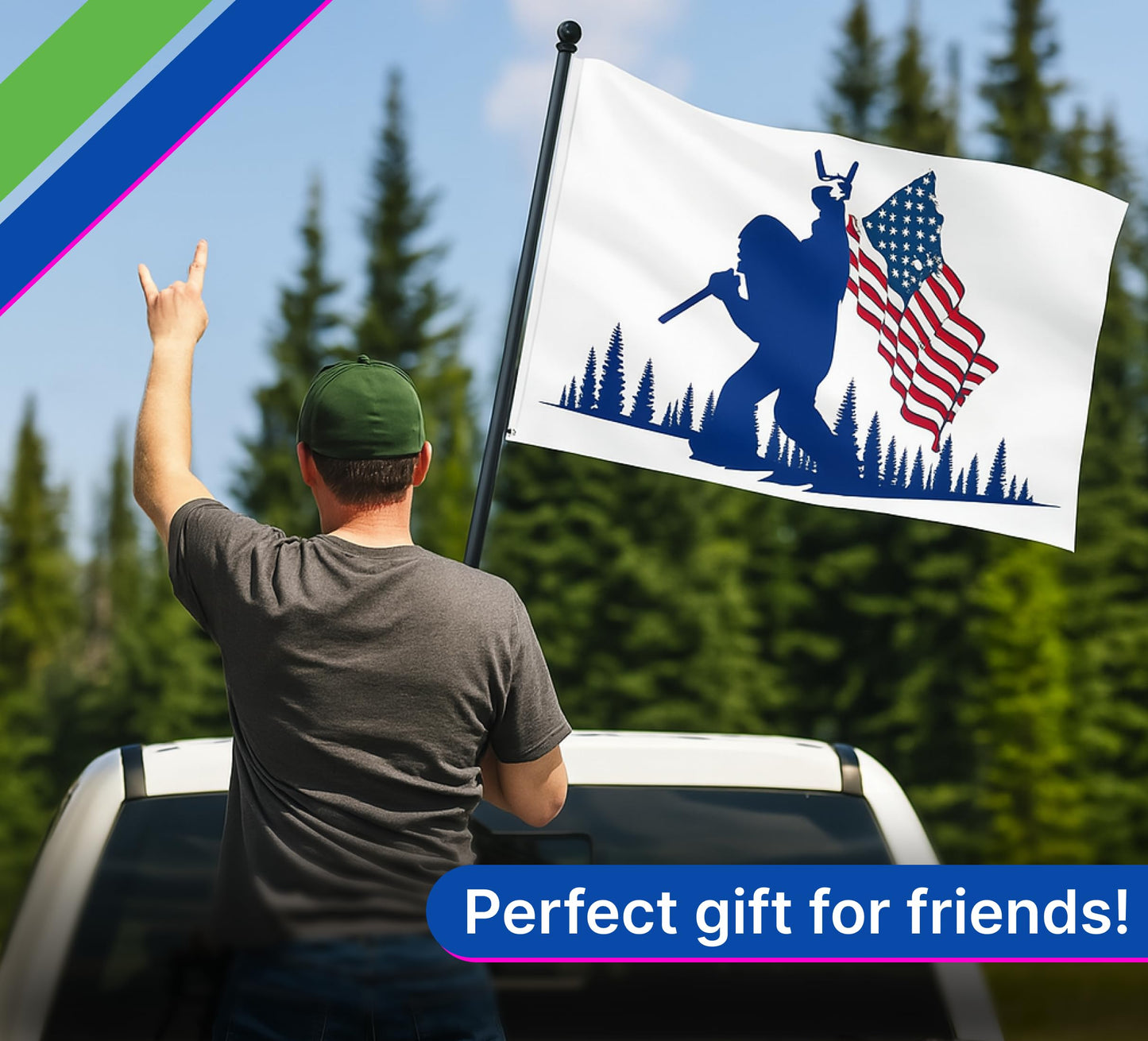 2X Single Sided 3x5 Ft and 12x18 Inches Funny Blue Bigfoot Polyester Flag - American Flags Outdoor Banner Decor with Brass Grommets