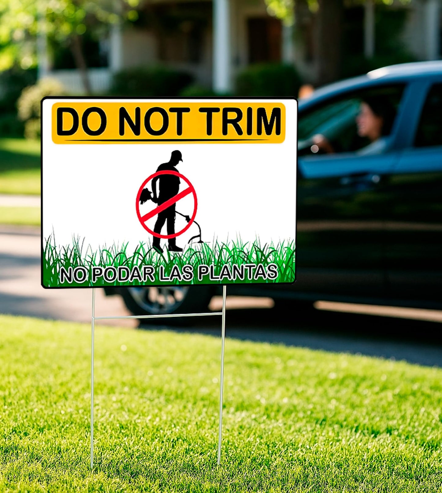 Set of 3 Do Not Trim Yard Sign with Metal Stake 12x8 Inches - Double Sided No Podar Las Plantas sign for Outdoor or Indoor