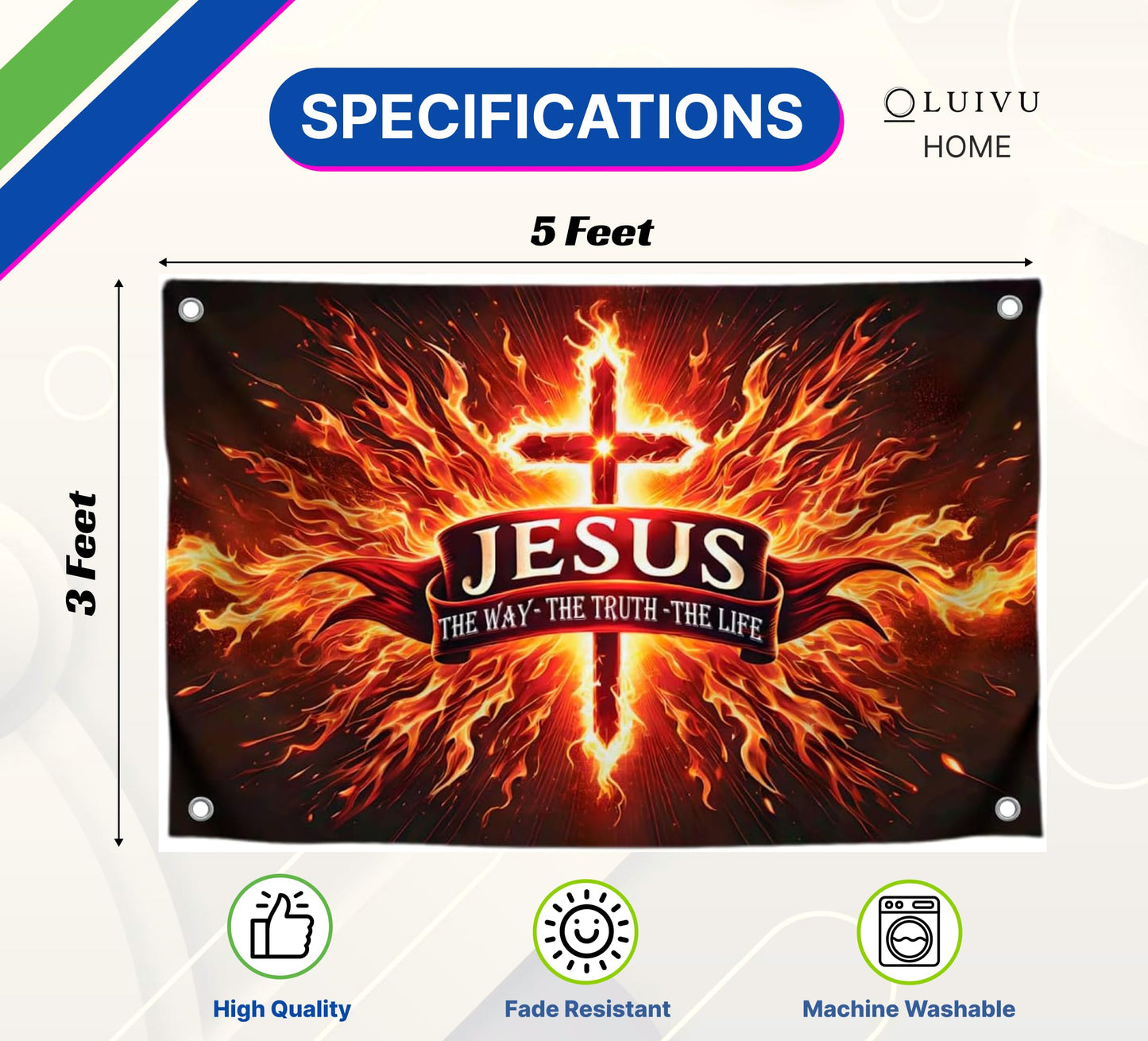 3x5 Feet Polyester Flag Cross in Fire "The Way Me Truth, The Life" with 4 Brass Grommets - Decorations God Banner for Room. American Flags for Outside