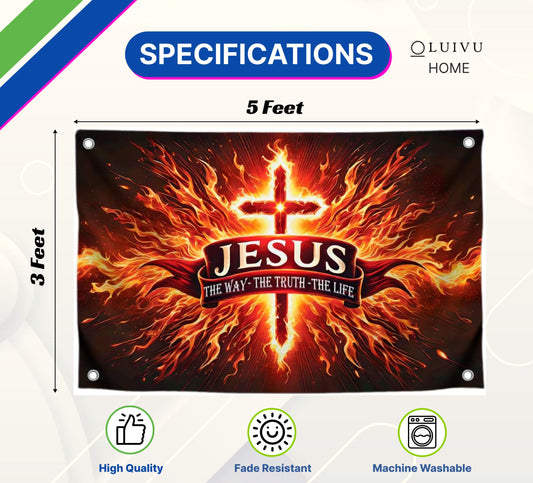 3x5 Feet Polyester Flag Cross in Fire "The Way Me Truth, The Life" with 4 Brass Grommets - Decorations God Banner for Room. American Flags for Outside